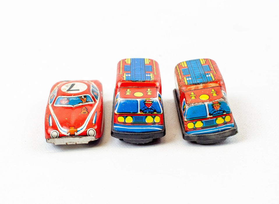 Vintage Tin Windup Cars - Fire Truck & Fire Chief | Lot of 3 4
