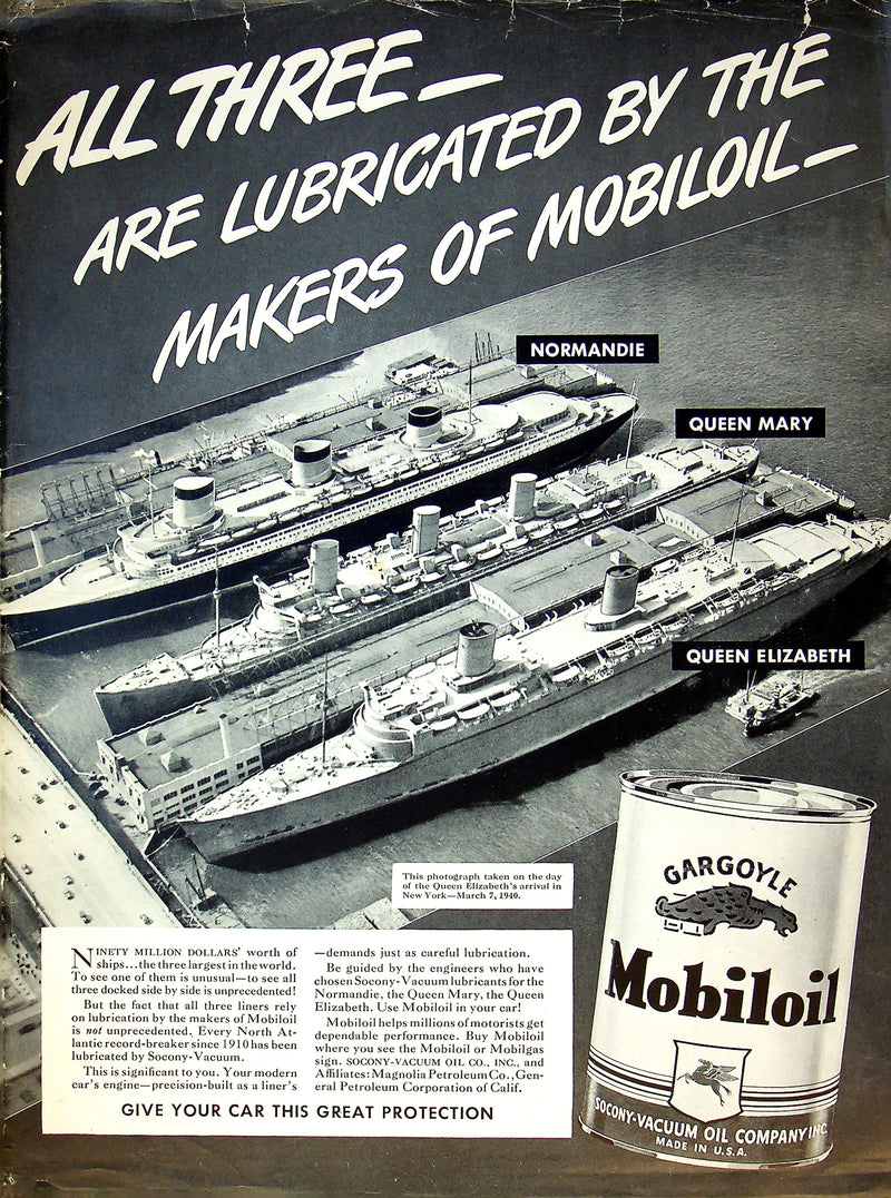1940 Socony-Vacuum Oil Co. Mobiloil Print Ad Normandie, Mary & Elizabeth 14"x10"