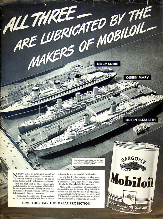 1940 Socony-Vacuum Oil Co. Mobiloil Print Ad Normandie, Mary & Elizabeth 14"x10"