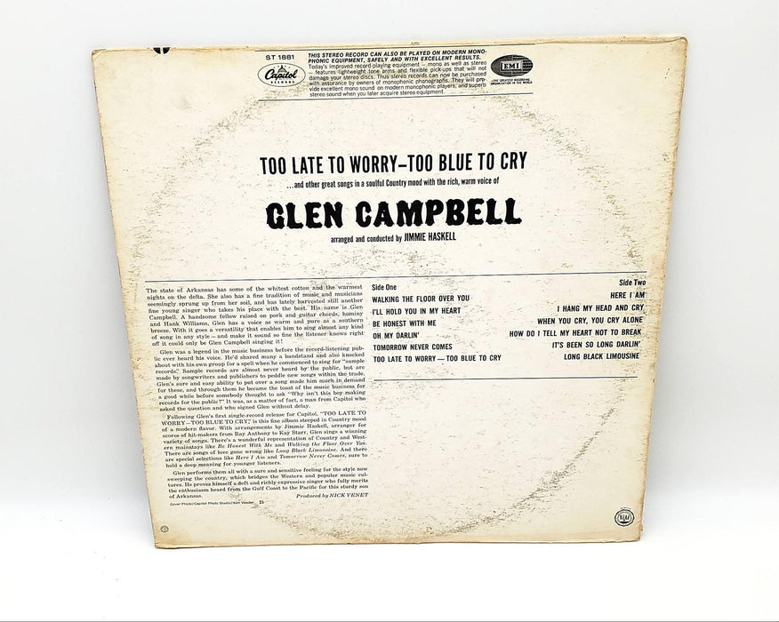 Glen Campbell Too Late To Worry-Too Blue To Cry 33 RPM LP Record 1968 ST 1881 2