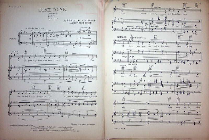 Sheet Music Come To Me Gloria Swanson Indiscreet Movie 1931 B G De Sylva 2