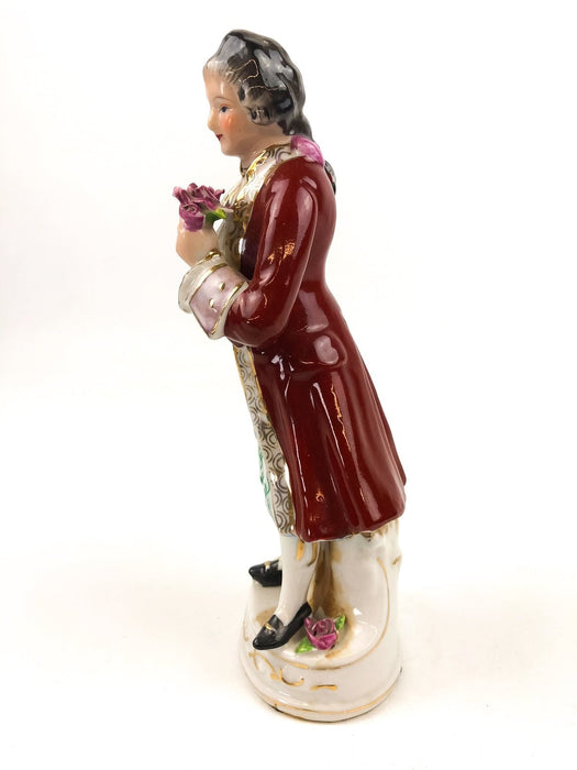Occupied Japan English Man Holding Pink Rose Brown Long Coat Orion China 10" 4