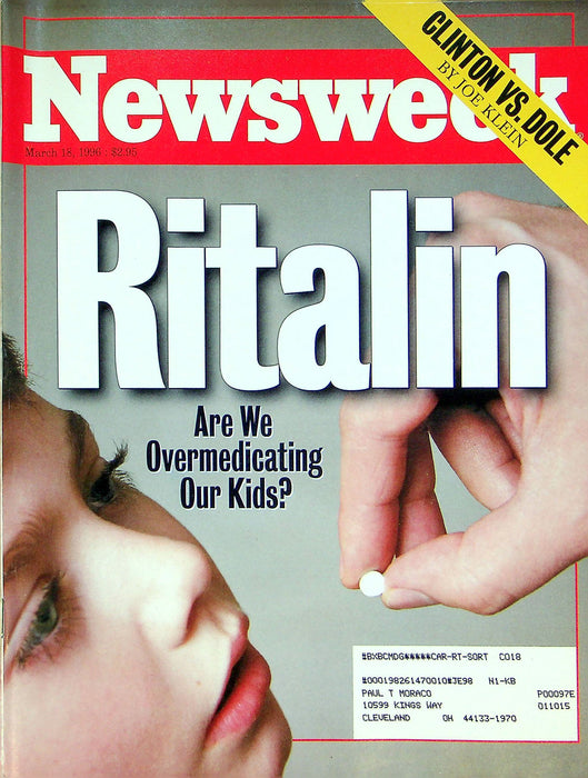 Newsweek Magazine March 18 1996 Ritalin Craze ADHD Israel Terrorist Bombings