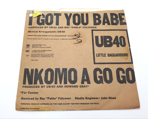 UB40 I Got You Babe 45 RPM Single Record A&M 1985 AM-2758 2