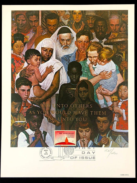 Norman Rockwell Lithograph Print Do Unto Others Human Rights United Nation Stamp 2