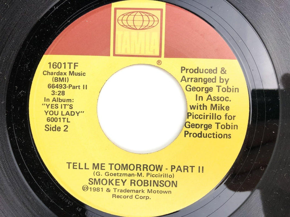 Smokey Robinson 45 RPM 7" Single Tell Me Tomorrow Part 1 & 2 Tamla 1981 Record 4