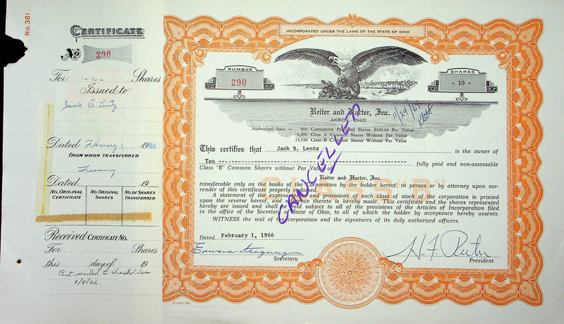Reiter Dairy Company Stock Certificate Bond Scripophilly Akron Ohio 1966 No 290