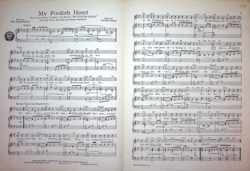 Sheet Music My Foolish Heart Musical Dana Andrews Susan Hayward Victor Young 2