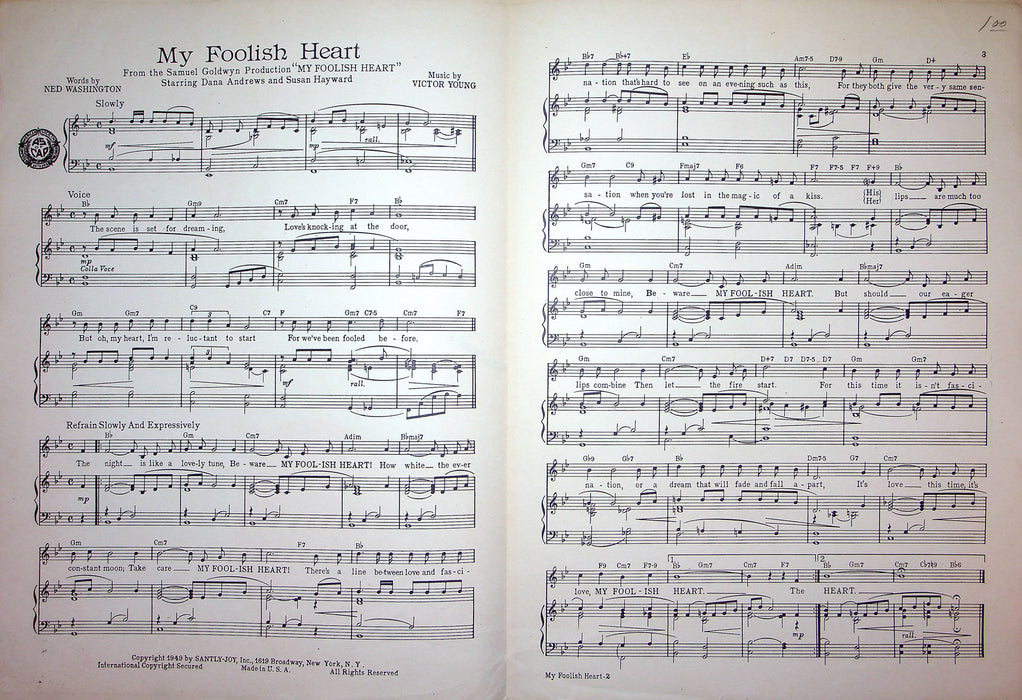 Sheet Music My Foolish Heart Musical Dana Andrews Susan Hayward Victor Young 2