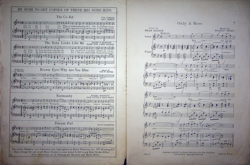 Sheet Music Only A Rose The Vagabond King Rudolf Friml Dennis King 1925 3