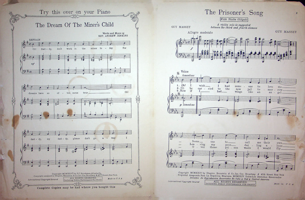 Sheet Music The Prisoners Song Guy Massey 1924 Piano Ballad Shapiro Bernstein 2