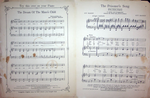 Sheet Music The Prisoners Song Guy Massey 1924 Piano Ballad Shapiro Bernstein 2