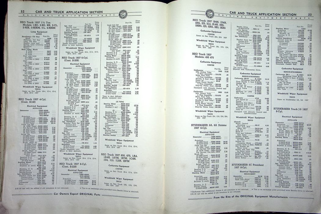 United Service Motors 1937 Supplement Original Equipment Service Parts Car Truck