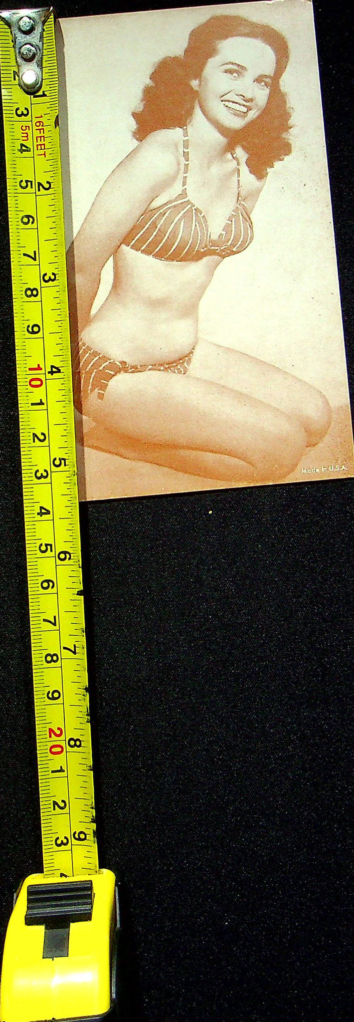 US 50s Pin Up Promo Photo Card Woman Model Bikini Swimsuit Pinstripe Stripes