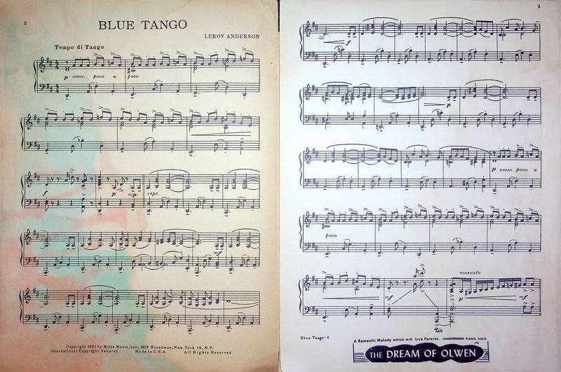 Sheet Music Blue Tango Leroy Anderson 1951 Dance Piano Solo Song 2
