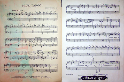 Sheet Music Blue Tango Leroy Anderson 1951 Dance Piano Solo Song 2