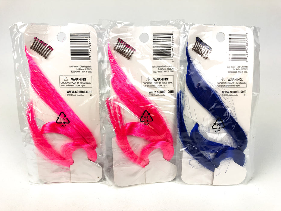 Lot of 3 Scunci Hot Streaks 18" Clip On Faux Hair Strands Pink & Blue 38449-A