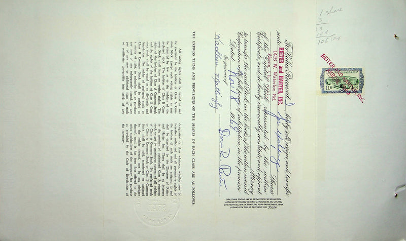 Reiter Dairy Company Stock Certificate Bond Scripophilly Akron Ohio 1966 No 297