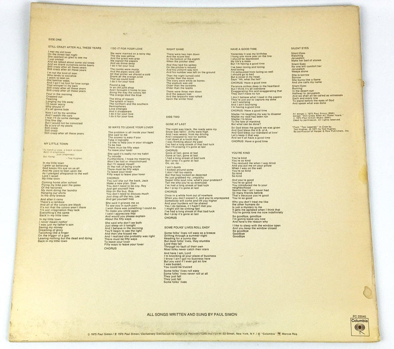 Paul Simon Still Crazy After All These Years Record 33 RPM LP Columbia 1975 2