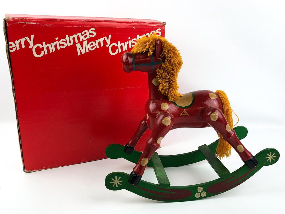 Vintage Wooden Rocking Horse Christmas Holiday Red Green 10.5" Hand Painted Box 2