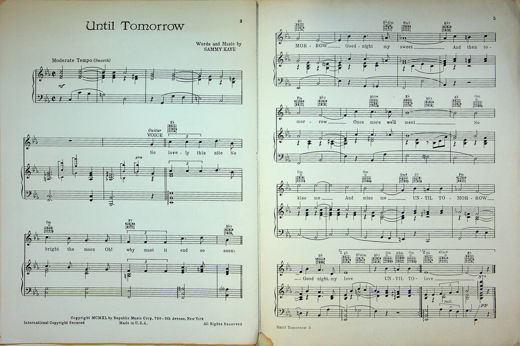 Until Tomorrow Sheet Music Sammy Kaye Piano Vocal 1940 WW2 Song Republic 3