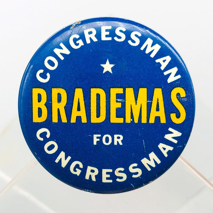 Congressman John Brademas Button Pin 1.25" Indiana Politician Campaign Blue 8