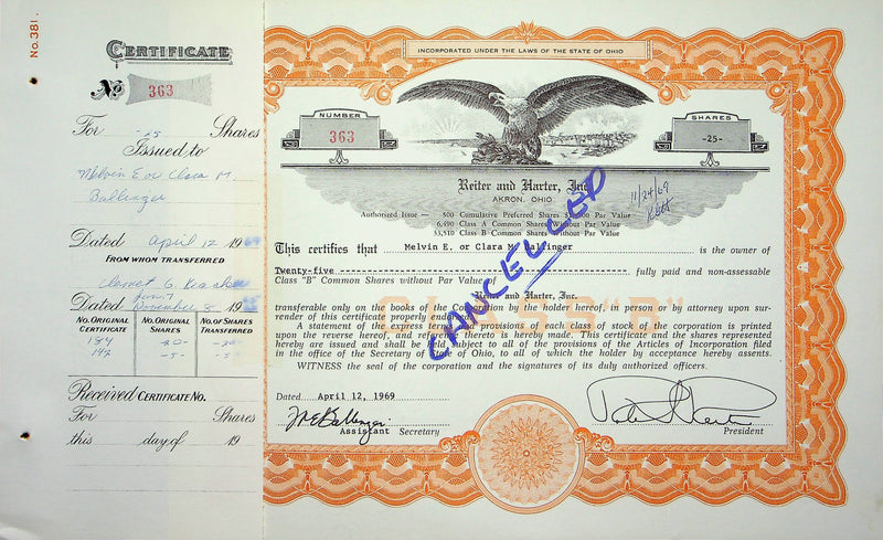 Reiter Dairy Company Stock Certificate Bond Scripophilly Akron Ohio 1969 No 363