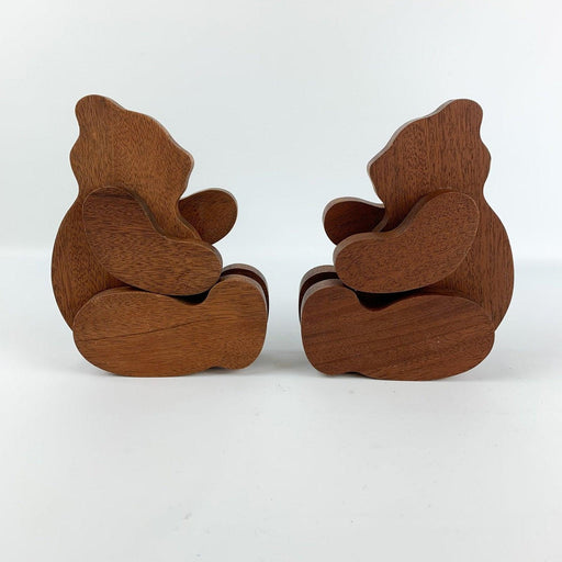 Pair of Wooden Teddy Bear Figurines Folk Art Rustic Cut Out Wood Stained 1