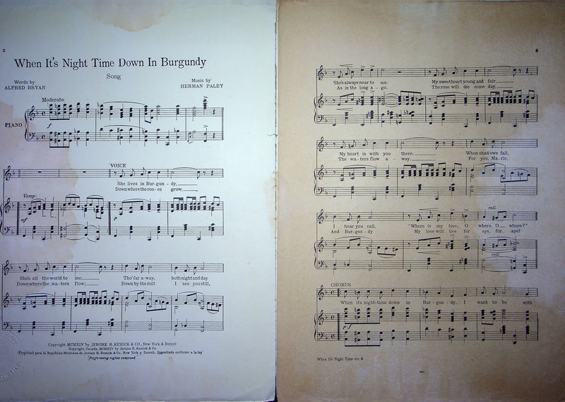 Sheet Music When Its Night Time Down In Burgundy Alfred Bryan Herman Paley 1914 2