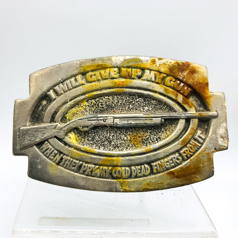 Vintage Shotgun Belt Buckle Pewter I Will Give Up My Gun Pry My Cold Dead Finger