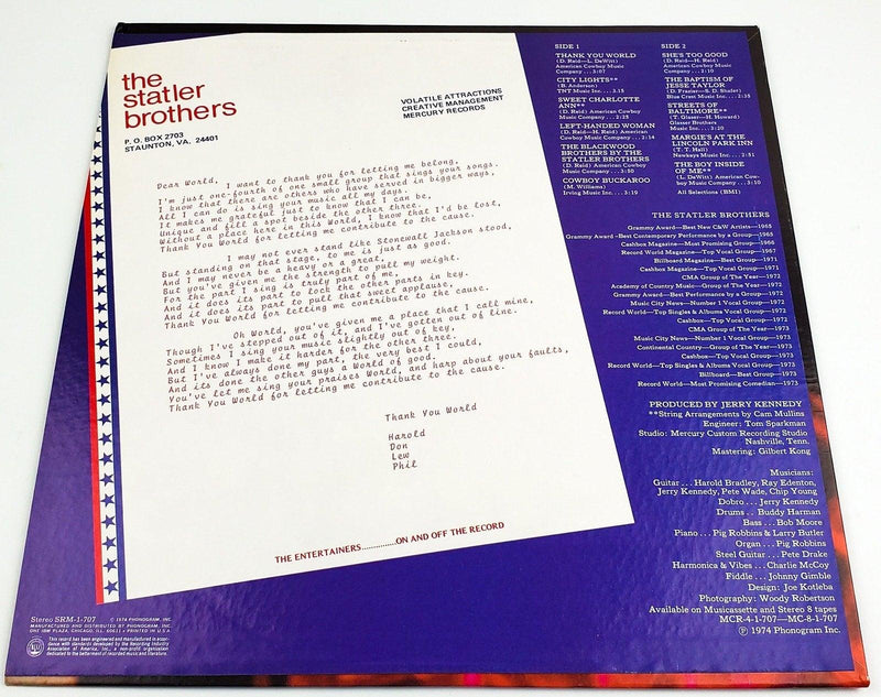 The Statler Brothers Thank You World 33 RPM LP Record Mercury 1974 2