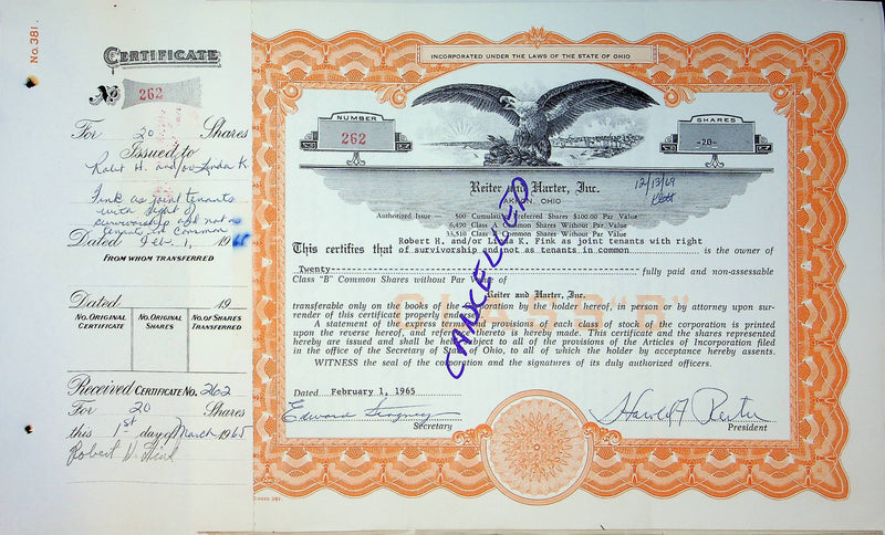 Reiter Dairy Company Stock Certificate Bond Scripophilly Akron Ohio 1965 No 262