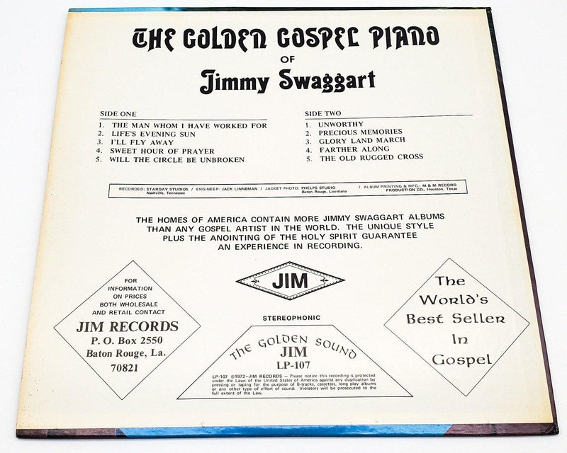 Jimmy Swaggart The Golden Gospel Piano 33 RPM LP Record Jim Records 1972 LP-107 2