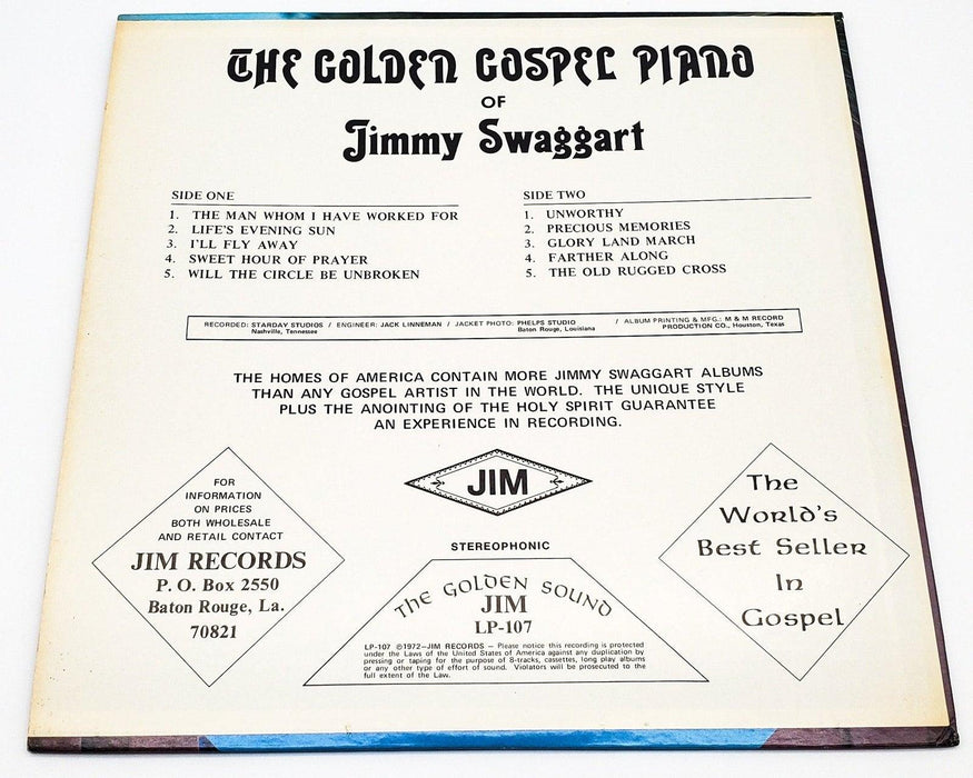 Jimmy Swaggart The Golden Gospel Piano 33 RPM LP Record Jim Records 1972 LP-107 2