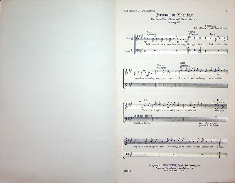 Sheet Music Yale Glee Club Series Jerusalem Morning 1934 M Bartholomew A Capella 2