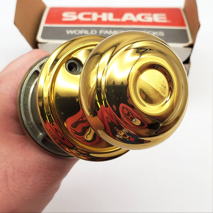 Schlage Door Knob Bright & Antique Brass Passage Latch GEO F10N NOS 2