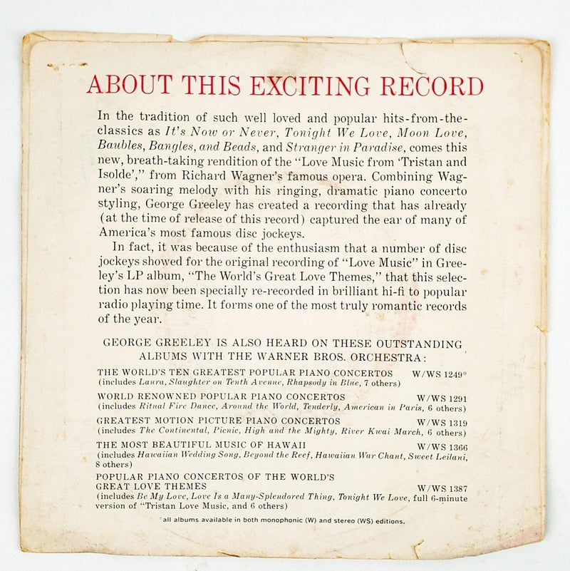 George Greeley Love Music From Tristan And Isolde Record 45 RPM Single WB 1961 2