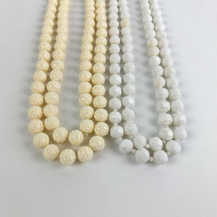 Vintage Long White Faceted & Pressed Design Plastic Bead Necklaces - Lot of 2 4