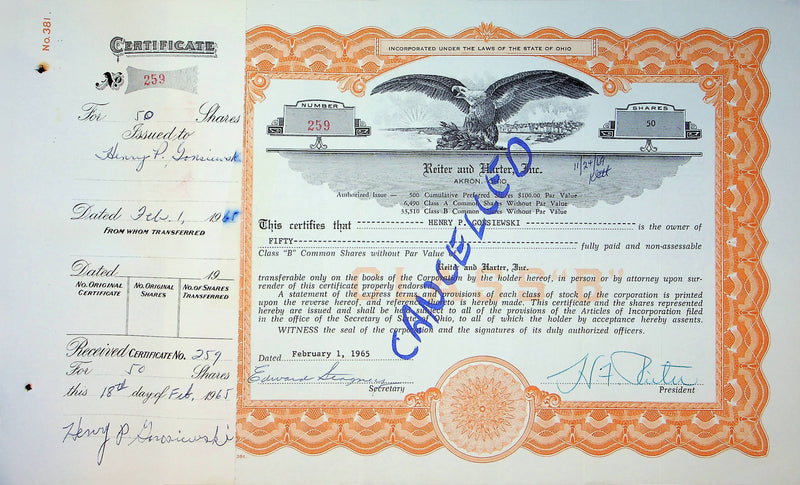 Reiter Dairy Company Stock Certificate Bond Scripophilly Akron Ohio 1965 No 259