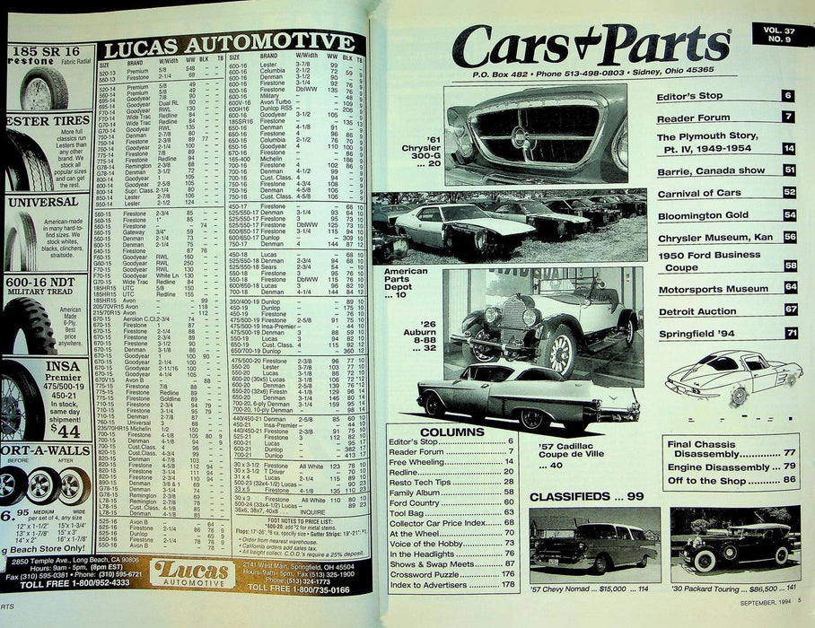 Cars & Parts Magazine September 1994 Vol 37 No 9 57 Cadillac '61 Chrystler 300-G