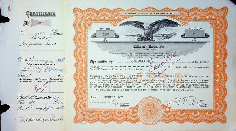 Reiter Dairy Company Stock Certificate Bond Scripophilly Akron Ohio 1965 No 207