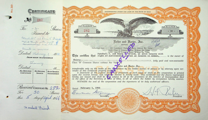 Reiter Dairy Company Stock Certificate Bond Scripophilly Akron Ohio 1966 No 282