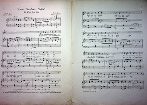 Cross The Great Divide Sheet Music Song Lyrics 1913 Ill Wait For You Geo W Meyer 2