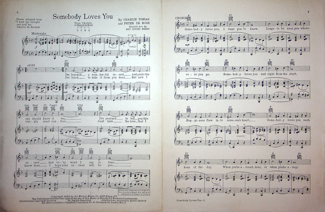 Sheet Music Somebody Loves You Will Osborne Charles Tobias Peter De Rose 1932 2
