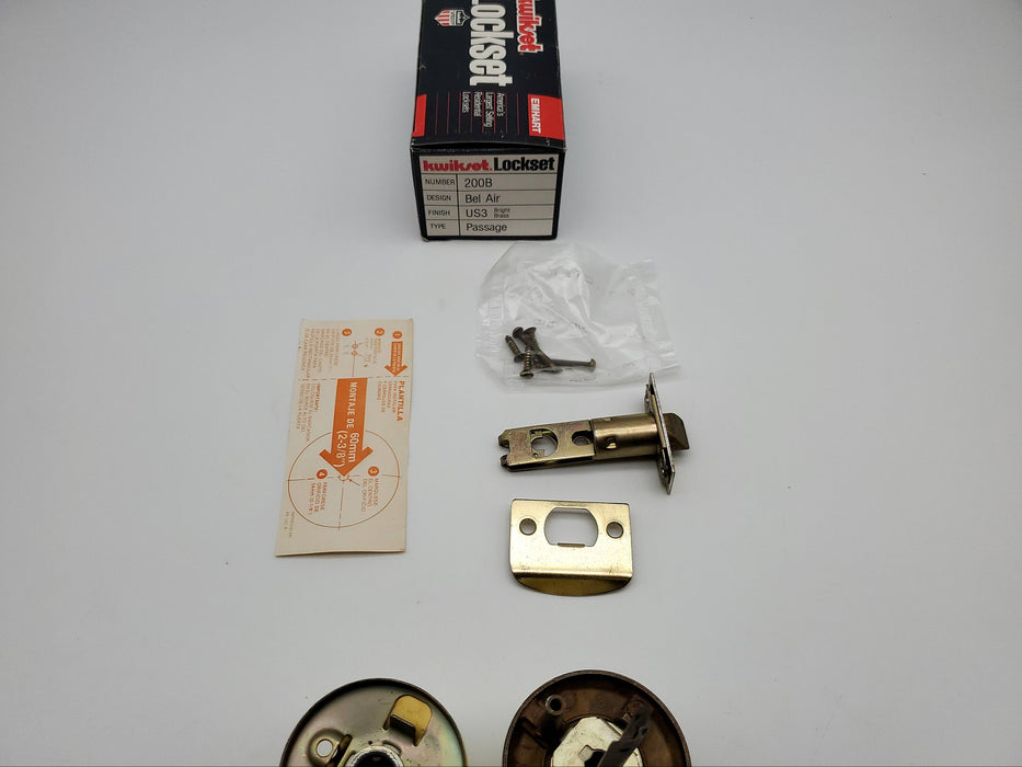 Kwikset Door Knob Passage Latch Bright Brass US3 BEL AIR 200B 2-3/8 BS NOS