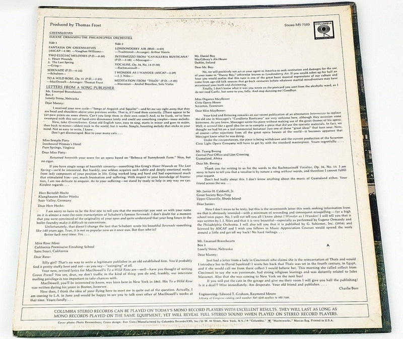 Eugene Ormandy Greensleeves Record 33 RPM LP MS 7103 Columbia 1967 2