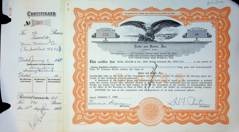 Reiter Dairy Company Stock Certificate Bond Scripophilly Akron Ohio 1965 No 218