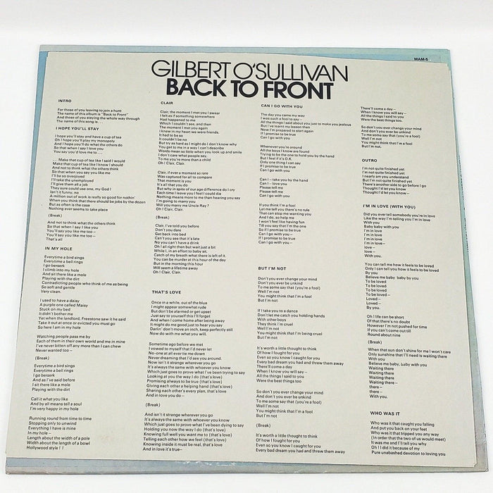 Gilbert O'Sullivan Back To Front Record 33 RPM LP MAM-5 MAM 1972 w/ Lyrics 7