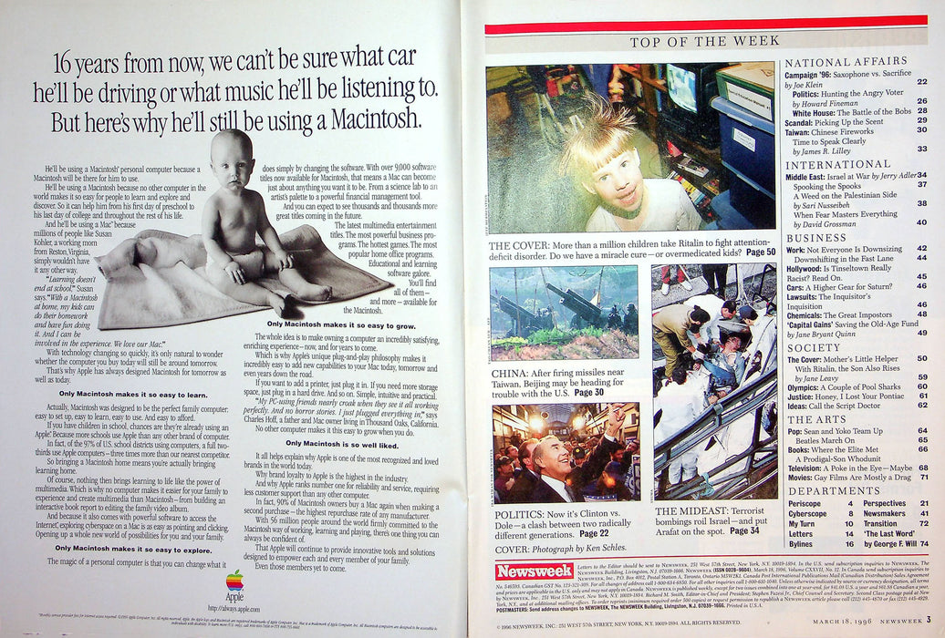 Newsweek Magazine March 18 1996 Ritalin Craze ADHD Israel Terrorist Bombings