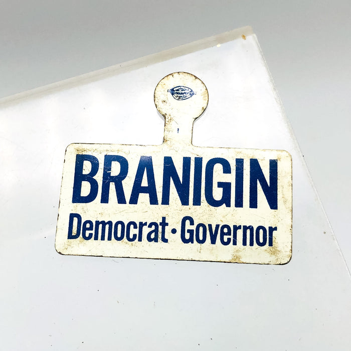 Branigin Democrat Governor Fold Over Back Tab Pin Button 1.5" Indiana Campaign